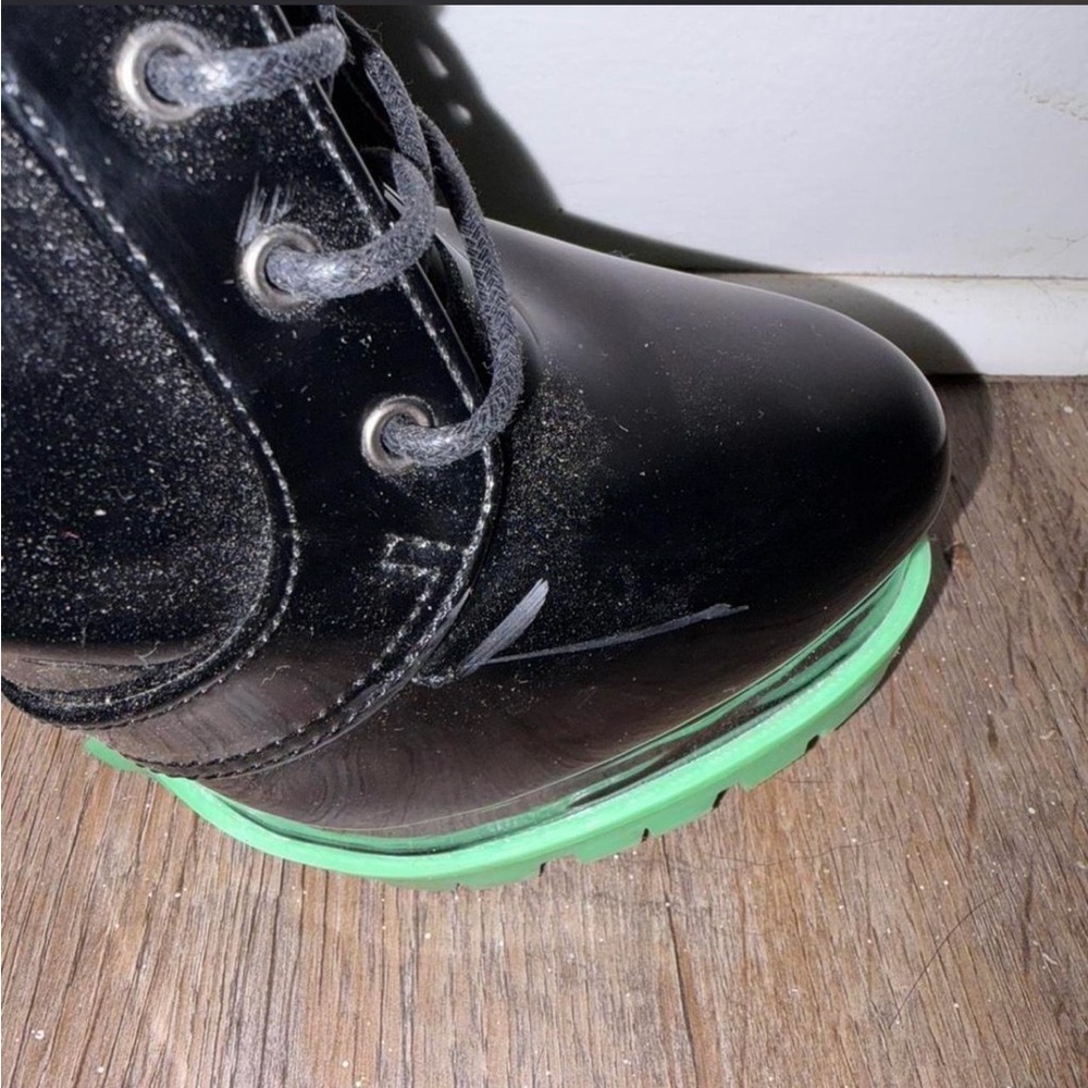 Wild Diva Black Patent Lace-Up Platform Boots with Green Sole - Picture 3 of 4